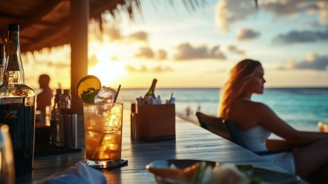 Alcohol consumption at a stylish beach bar with rum cocktails and sunset. Featuring relaxation and tropical vibes