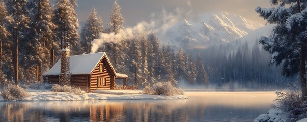 Fototapeta premium Cozy cabin retreat by a snowy lake winter wonderland scenic view