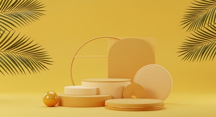 Fototapeta premium Pedestal, steps and shelf. Palm trees leaves topical juicy. 3d render illustration. Podium steps for brand promotion product. Creative yellow background for advertising presentation. Stand base mockup