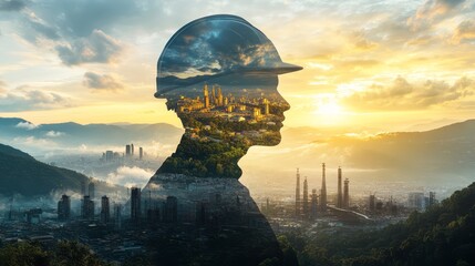 Obraz premium Silhouette of construction worker with cityscape and landscape overlay