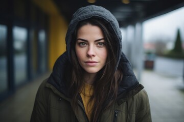 Portrait of a beautiful young woman wearing a hooded coat.
