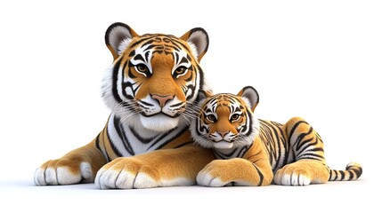 Obraz premium Mother and baby tigers relaxing together white background animal portrait