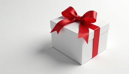 Obraz premium A pristine white gift box adorned with a classic red bow , celebration, background