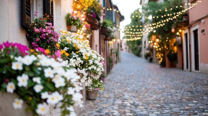 Fototapeta premium Flower-lined cobblestone street, evening lights, Italian village
