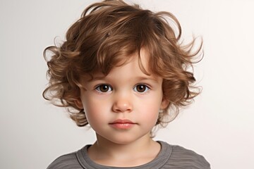 Naklejka premium Portrait of a cute little boy with curly hair on a gray background