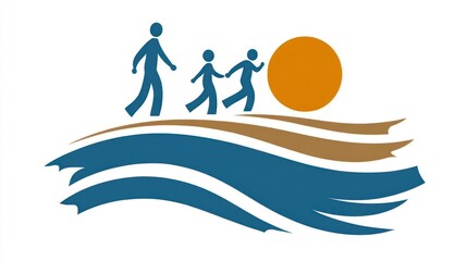 Family walking on a hill over water with sun; community logo