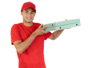 Photo of happy man from delivery service in red t-shirt and cap giving food order and holding two pizza boxes isolated over transparent background
