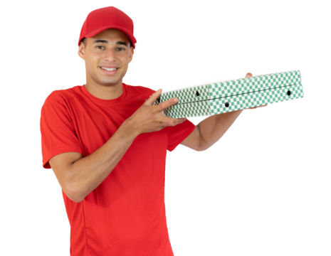 Photo of happy man from delivery service in red t-shirt and cap giving food order and holding two pizza boxes isolated over transparent background