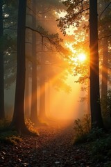 Golden light filters through foggy trees, low view, nature, wild, light