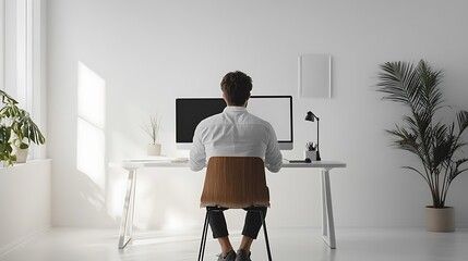Professional at desk in contemporary digital workspace with bright light