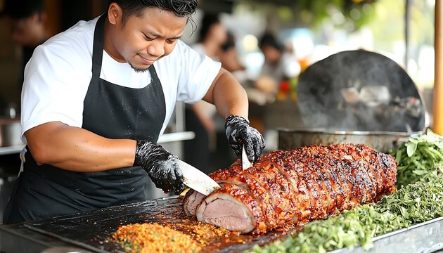 Street food vendor slicing roasted meat. Outdoor market scene. Potential use for food tourism