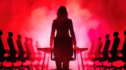 A powerful silhouette of a woman stands confidently at a boardroom table, surrounded by empty chairs, against a dramatic red backdrop.