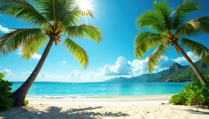Sun-drenched palm trees sway gently on a Hawaiian beach , sun, waves, shore