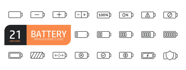 Set of line icons related baterry charge indicator, battery level, full, low and more. Outline icons collection. Editable stroke. Vector illustration.