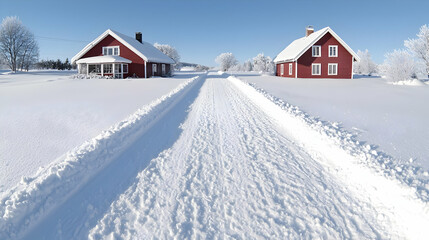 Fototapeta premium Snowy road between two red houses, winter landscape