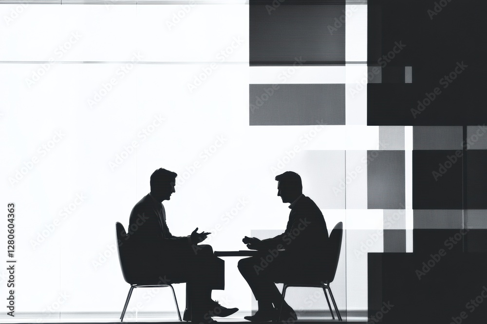 Aufkleber two silhouetted figures engaged in negotiation at a minimalistic indoor space during daytime. genera