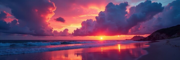 Obraz premium Dramatic cloudscape at sunset reflecting vibrant colors on the sea and beach , coastal, picturesque, dusk