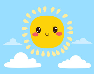 Cartoon illustration showing cute sun character with clouds on blue sky background
