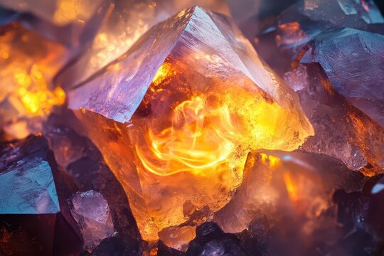 prismatic ice crystal containing swirling flame core, translucent surfaces, ethereal glow, macro photography style - Powered by Adobe