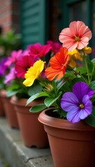 Obraz premium Vibrant petunias, geraniums, and pansies in terracotta pots , bloom, spring