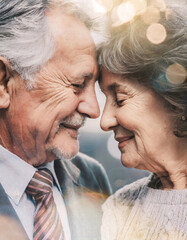Close-up of an elderly couple, heads touching; intimate, tender, and loving mood. Warm tones.