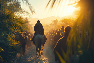 Jesus riding a donkey during his triumphal entry into Jerusalem. People enthusiastically wave palm branches,celebrating his arrival with excitement. Banner. Copy space
