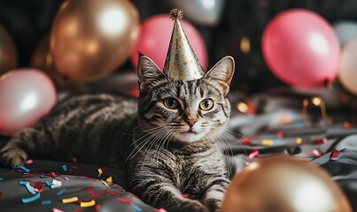 Cat wearing party hat surrounded by balloons and confetti.  Possible use Birthday celebration