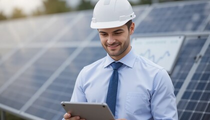 A solar energy expert, wearing a helmet and business attire, analyzes data on a tablet while standing amidst solar panels under a clear sky