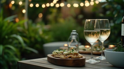 Alcohol consumption at a summer garden party with wine glasses and hors d'oeuvres. Featuring relaxation and enjoyment