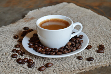 Obraz premium A white cup of steaming coffee placed on a saucer, surrounded by a pile of coffee beans