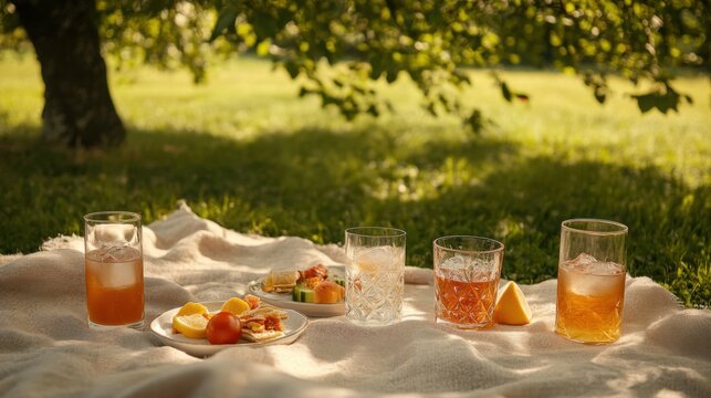 Alcohol consumption at a summer picnic with cocktails and snacks. Featuring leisure and enjoyment - Powered by Adobe