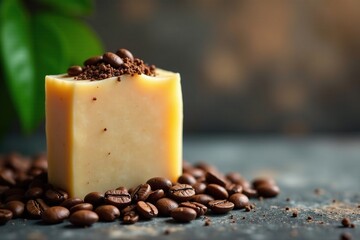 Handmade soap and coffee beans on a rustic stone background, artisanal, cozy