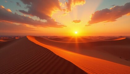 Golden sunset casts long shadows across vast dune landscape , vibrant, dramatic, serene