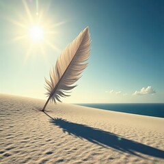 Gigantic feather silhouette cast long shadow on tranquil dunes , light, scale
