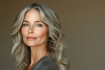 Fototapeta premium A captivating portrait of a mature woman with wavy, graying blonde hair, showcasing natural beauty and elegance.