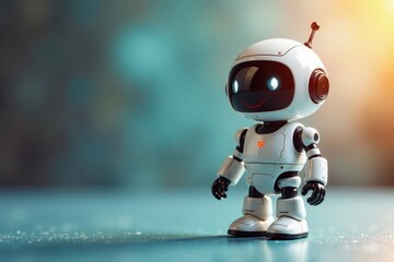 Miniature white robot, smiling face, speech bubbles, miniature, cheerful