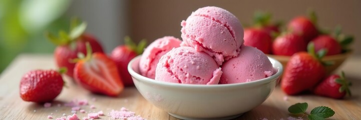 Scoop of strawberry ice cream in a bowl on a table, sweet, refreshing, ice cream