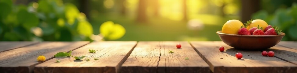 Rustic wooden table, blurred summer party scene, nature, wooden