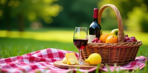Rustic picnic basket, wine, cheese, fruit, checkered blanket, garden setting, vibrant, light