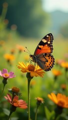 Painted lady butterfly amidst wildflowers, sunlit meadow , macro, flower, grass