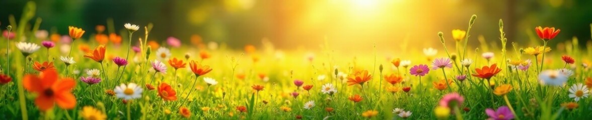 Sun-drenched meadow bursting with wildflowers , outdoors, nature