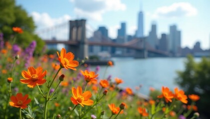 Vibrant wildflowers in sharp focus, NYC skyline blurred background , photography, summer, photo