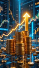 Golden coins stack high as a vibrant arrow points upwards, reflecting a surge in wealth and investment in a bustling, data-driven financial environment