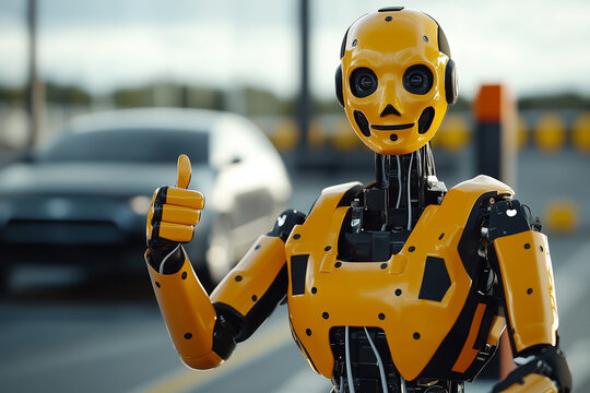Crash test dummy giving a thumbs up in front of a tested car background.