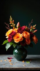 Obraz premium An artistic arrangement of orange and burgundy flowers on a marble tabletop against a dark background, flowers, , luxurious