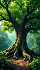 Fototapeta premium Ancient tree with sprawling roots and dense foliage, foliage, majestic