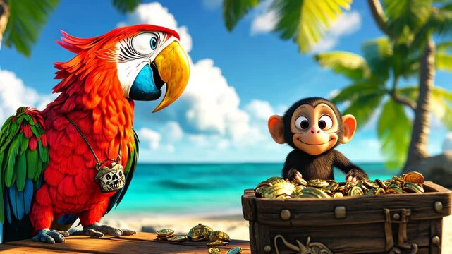 Animated parrot and monkey on tropical beach discovering treasure chest filled with gold coins, Animated pirate parrot and monkey exploring treasure on a tropical island, fun and lively atmosphere