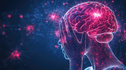 World Stroke Day: Human brain with a flash of fire, representing neurological problems and pain. Blue background, digital art for awareness. Banner. Copy space