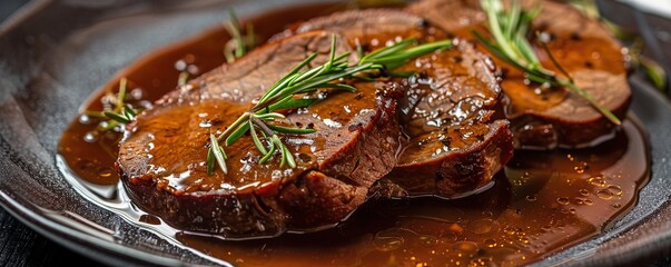 Delicious slices of sauerbraten with spicy sauce are decorated with rosemary in a bowl