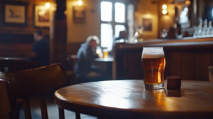 Alcohol consumption at a traditional pub with ale and wooden furniture. Featuring tradition and comfort